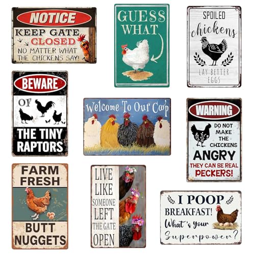 Funny Chicken Coop Signs Outdoor Decor - Personalized Metal Farm Signs for Outdoors Vintage Chickens Tin Sign 8x12 Inches (9-Pack) - Chicken Gifts for Chicken Lovers Farmhouse Yard Fence & Garden Wall Decor