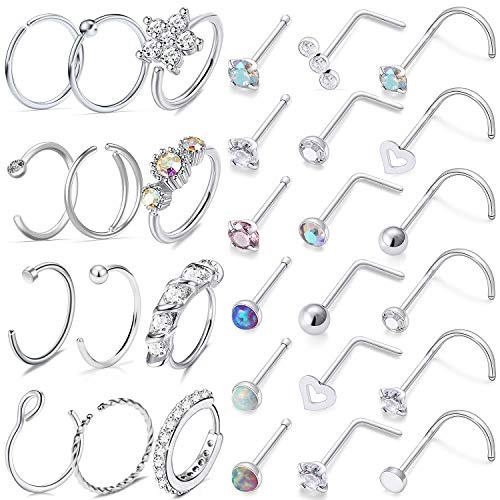 Lcolyoli 20g Nose Rings Hoop L Shaped Nose Studs Stainless Steel Screw Bone Flat Top Diamond Opal Heart High Nostril Ring Piercing Jewelry for Women Men