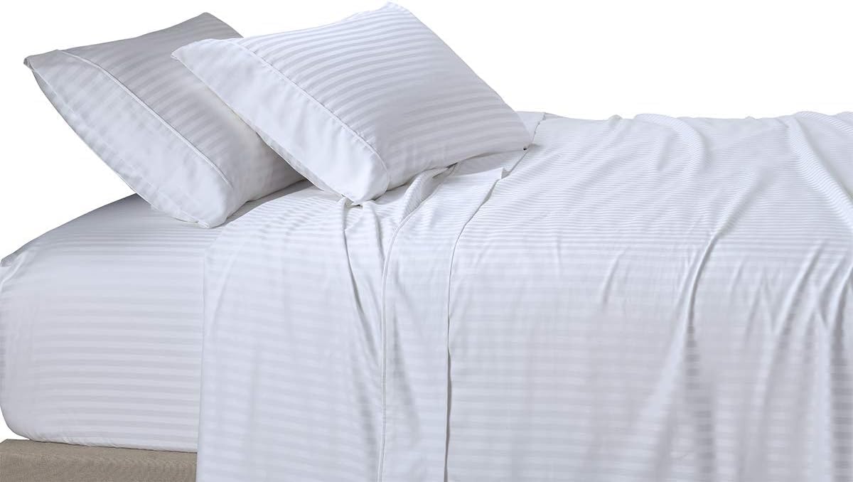 sheetsnthings Damask Stripes 650-Thread-Count Cotton-Blend 4PC King Bed Sheets Set, White