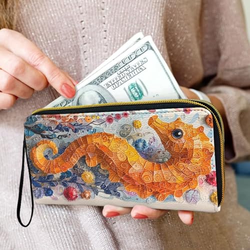 Watercolor Seahorse Print Women's Wallet Long Clutch Colorful Painting Ocean Creature Zip Around Travel Leather Purse, Ladies Credit Card Holder Wallet3
