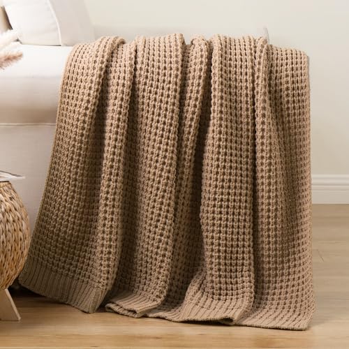 Bunnikins & Clover Beige Throw Blanket for Couch Knitted Beige Throw for Bed Neutral Throw Blankets Tan Blanket for Room Decor Housewarming Gifts 50x60