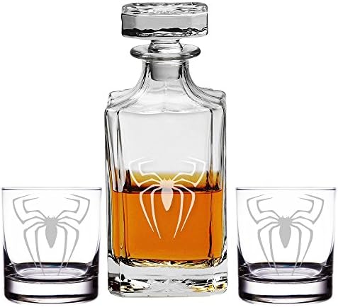Abby Smith, Spiderman Engraved Decanter and Rocks Glasses, Set of 3