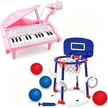 Love&Mini 24 Keys Pink Toddler Piano Music Toy and 2-in-1 Floating Pool Basketball Hoop