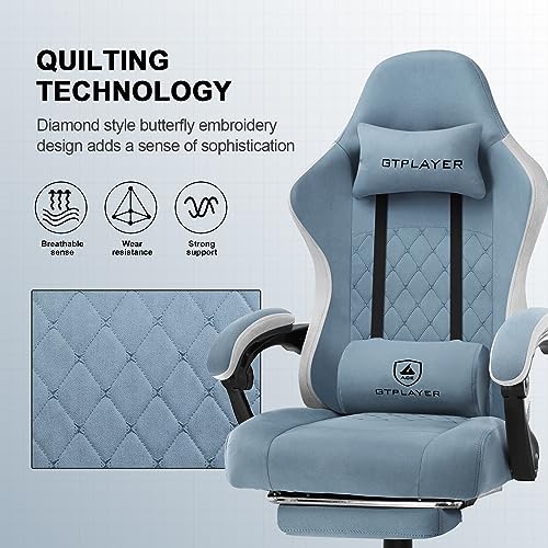 Sedia da gaming, ergonomica, da scrivania, con superficie in tessuto, cuscino a molla, braccioli di collegamento e poggiapiedi, Azzurro - Sedia gaming - Immagine 6