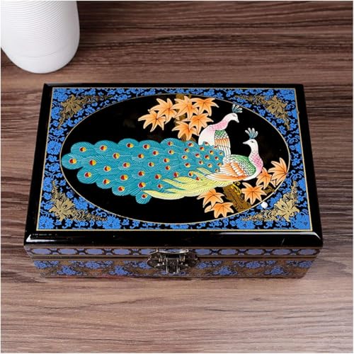 Boîte à bijoux vintage en bois bleu avec miroir intégré pour colliers et bagues