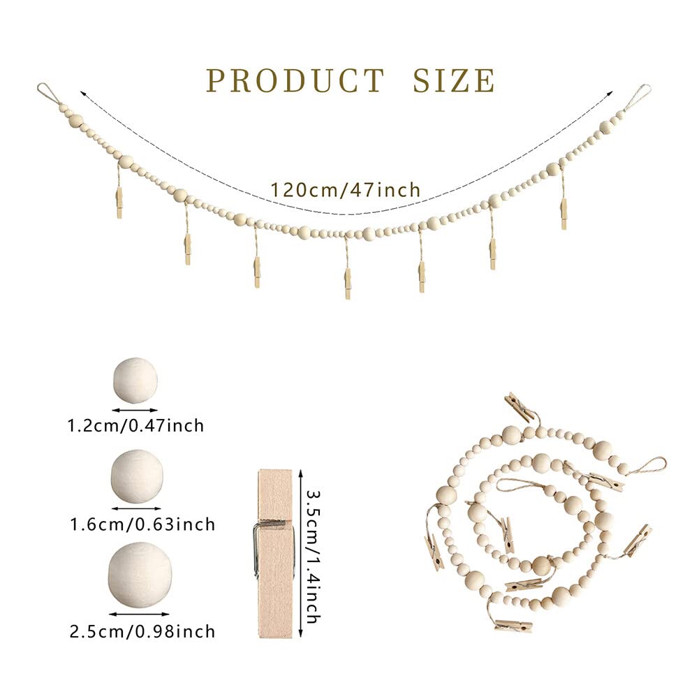 Hanging Photo Display Room Wall Decor, Wooden Bead Garland Boho Picture Frames Collage Wall Decor with Clips