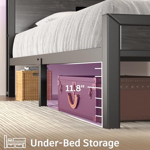 Image of E-Motie Twin Size Bed Frame with LED Lights and Charging Station, Wood Storage Headboard with 2-Tier Shelves, Heavy Duty Metal Slats, No Box Spring Need, Noise Free, Easy Assembly, Black