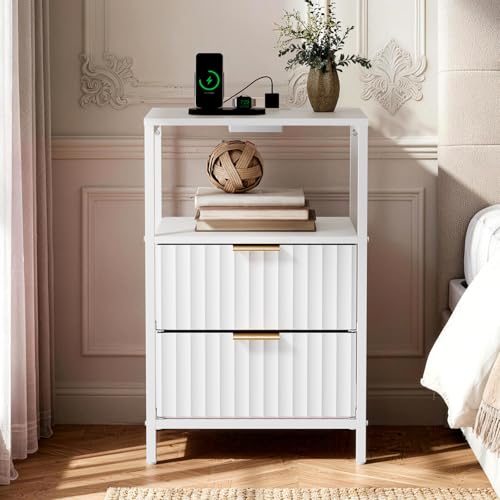 Image of VINGLI White Nightstand with Charging Station and Fabric Drawers, Fluted Nightstand with Drawers, White Side Table /Night Stand with Charging Station for Bedroom, Dorm, 14.96 inch W*11.81 inch D*23.78 inch H