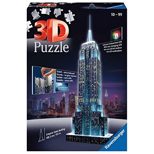 Ravensburger - Puzzle 3D Building - Empire State Building illuminé - A partir de 10 Ans - 216 pièces numérotées à Assembler sans Colle - Accessoires de Finition Inclus - 12566