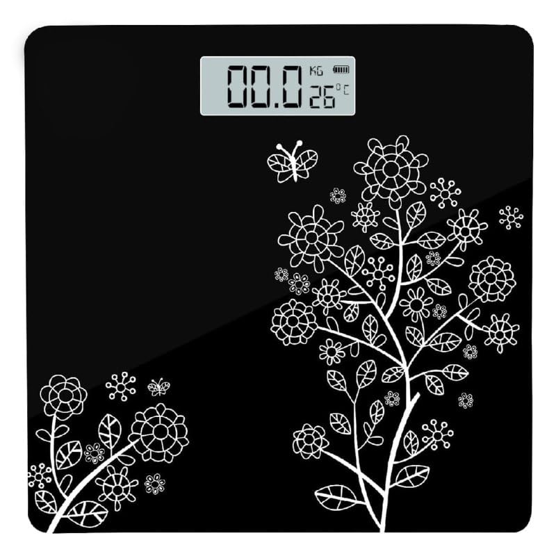 Digital Bathroom Scale with Tempered Glass, Black Floral Design, 396lb Capacity, LCD Display with Temperature Reading