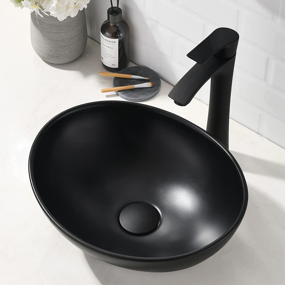 Fregadero de recipiente negro mate de 16 x 13 con grifo y drenaje combinado, fregadero de baño ovalado de porcelana sobre el mostrador 2