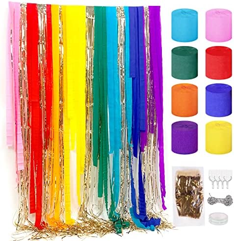 Party Streamers Rainbow Party Decorations,Crepe Paper Streamers 8 Rolls with Tinsel Curtain Party Backdrop Glitter,Set of Rainbow Streamers in 8Pastel Colors for Photo Booth,Birthday,Wedding