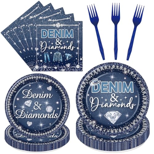 Yoyuspy Denim and Diamonds Party Decorations Tableware - 96PCS Jacket Jeans Paper Plates and Napkins Forks Birthday Decoration for Bachelorette Wedding and Baby Shower Supplies, Serve 24