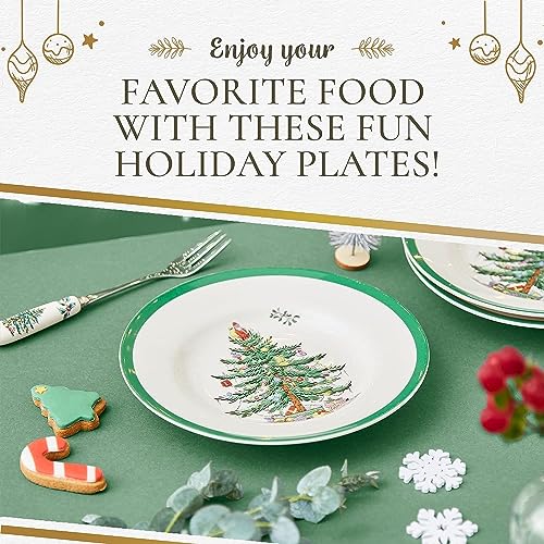 Spode Christmas Tree 8" Salad Plate Set of 4- Festive Holiday Stoneware Plate with Christmas Tree Design, Green Bordered Edges, Microwave, Dishwasher, Freezer, Oven Safe