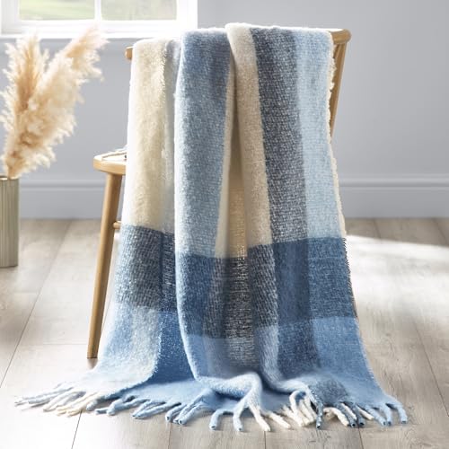 Catherine Lansfield Faux Mohair Check 130x170cm Blanket Throw Blue