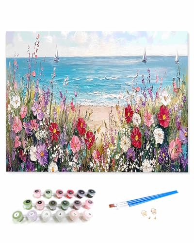 VamJump 数字油絵 手塗り 海 春 花 風景 油絵 DIY絵 初心者 時間をつぶす 壁飾り アートクラフト 絵画手芸キッ 絵の具をつける 塗りつぶし掛け 30x40cm