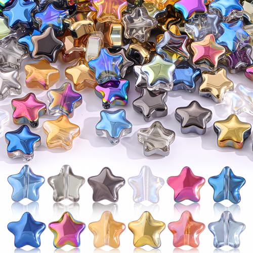 200PCS 8MM Glass Star Beads Bedazzling Irisedent Glass Beads Crystal Star Beads Eletroplated Mixed Colors Cute Bead for Necklace Bracelet Earring Jewelry Making Spacer Beads Bulk for Crafting & DIY