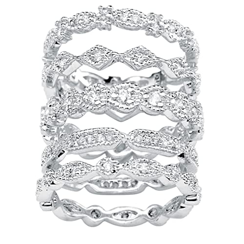 PalmBeach Silvertone Round Cubic Zirconia 5 Piece Set Eternity Ring Sizes 6-12