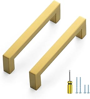 Ravinte 10 Pack Gold Cabinet Pulls 4-1/2 Inch Brushed Brass Kitchen Cabinet Handles Gold Square Kitchen Hardware for Cabinet Gold Kitchen Drawer Pulls Come with Screwdriver