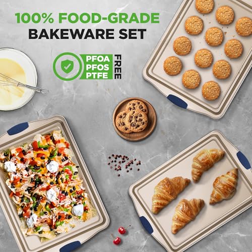 Image of NutriChef 3‑Piece Non‑Toxic Cookie Sheets for Baking - Premium Carbon Steel Oven Tray Set with Blue Silicone Handles - Nonstick Baking Sheet Set for Cookies, Pastries & Oven‑Safe Cooking