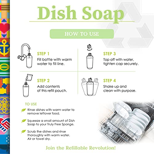 Truly Free Natural Dishwashing Liquid | Plant-Based Dish Soap | Sweet Basil Fresh Scent | 2 Refill Packs with 1 Empty Refillable Squeeze Bottle (16 Oz) - Image 6