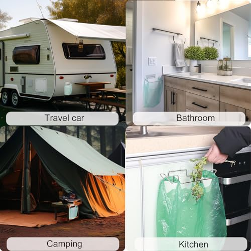 Image of Stainless Steel Trash Bag Holder for Kitchen Cabinets Doors and Cupboards, Under Sink Bag Hanger, Portable Trash can, Waste Bins, Wall Adhesive Hanging Garbage Bins, with Wall Sticker Base