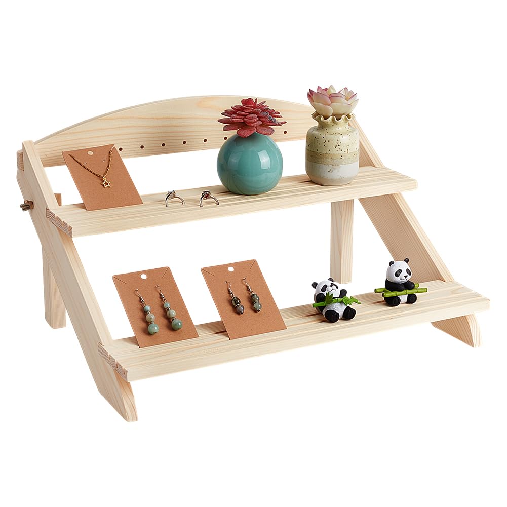 NBEADS 2-Tier Wooden Display Stand Riser, 6-Slot Earring Ring Holder Detachable Unfinished Wood Retail Jewelry Card Display Stand with Groove for Crafts Jewelry Storage, 16.6x14.5x8.3inch