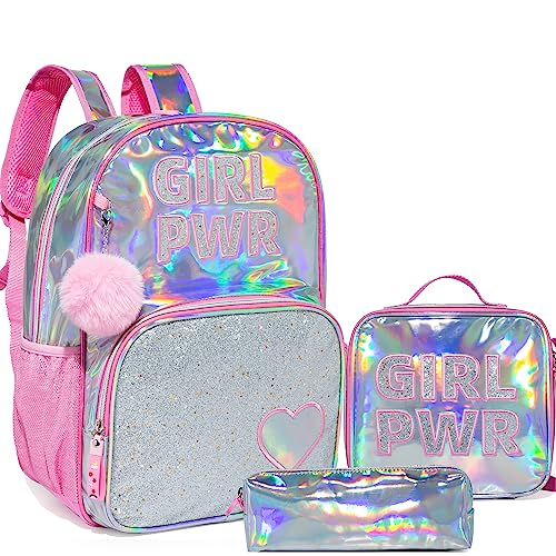 HTgroce Mochila para meninas do ensino fundamental para escola, conjunto de mochila pré-escolar com lancheira e estojo de lápis, Rosa Pwr, Medium, Clássico