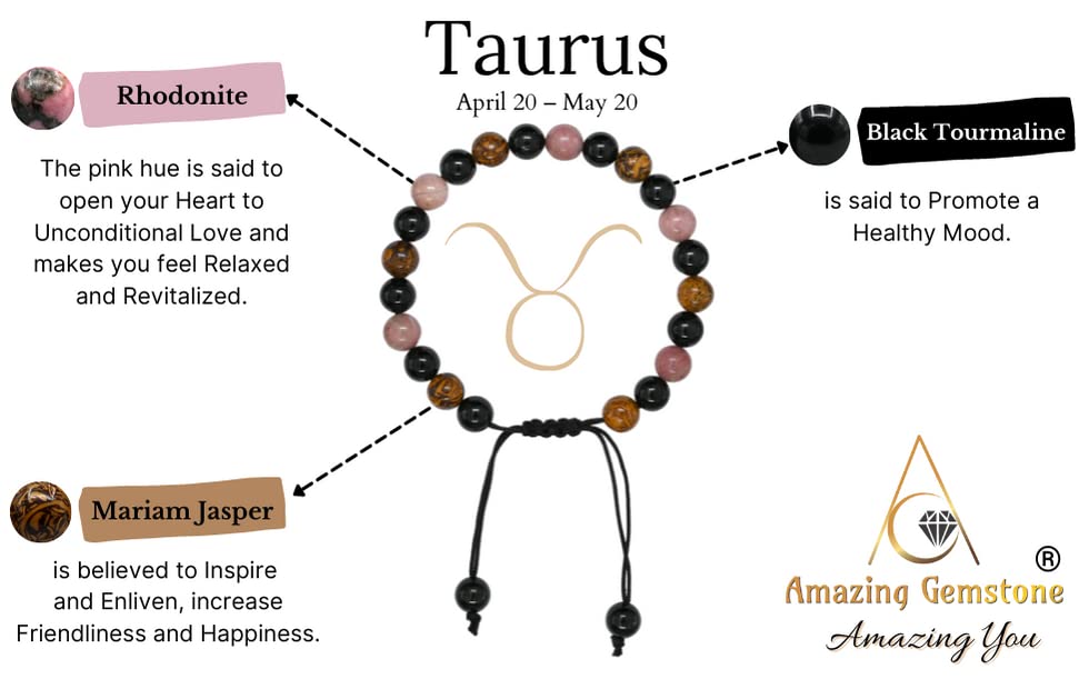 Miniatura 2 de Taurus Zodiac Crystal Bracelet - Rhodonite Mariyam Jasper Black Tourmaline Birthstone Bracelets Women Men Healing Calming Anxiety Stress Relief