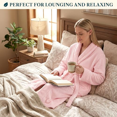 Image of PAVILIA Women's Plush Fleece Robe, Soft Cozy Long Bathrobe with Satin Waffle Trim, Warm Lightweight, Pockets & Tie Belt