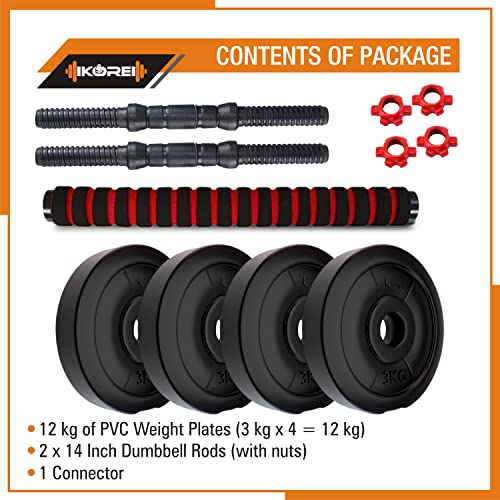 Image of Kore 3 In 1 Convertible 12 Kg Pvc Dumbbells Set, Black