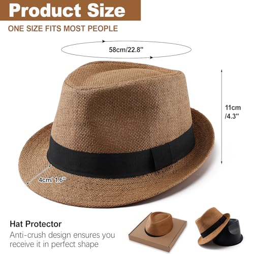 Image of Straw Fedora Hats for Men Women, 1920s Short Brim Trilby Panama Hat Summer Beach Sun Cap
