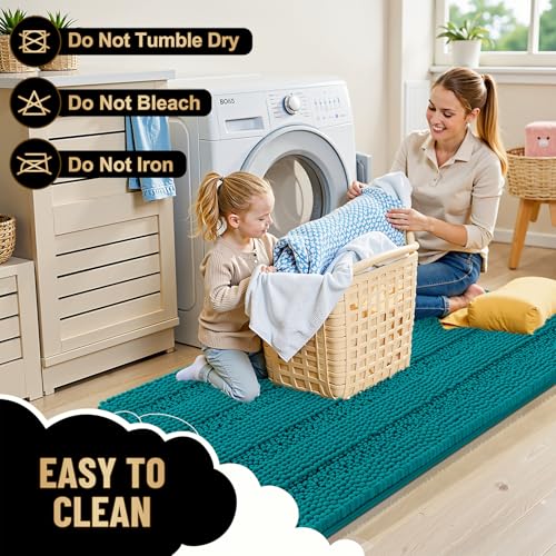 Image of OLANLY Thick Bathroom Runner Rugs 44x24, Extra Absorbent Chenille Striped Bath Rugs, Rubber Backing, Machine Wash Dry, Long Bath Mats for Bathroom, Tub and Shower, Home Decor Accessories, Deep Lake