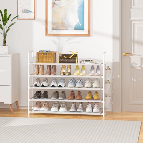 Image of OYREL 5 Tier Shoe Organizer, 33.3in Wide x 11.2in Deep x 35.6in Tall, Black Metal and Plastic Shoe Rack with Side Bag, Holds 20-25 Pairs of Shoes