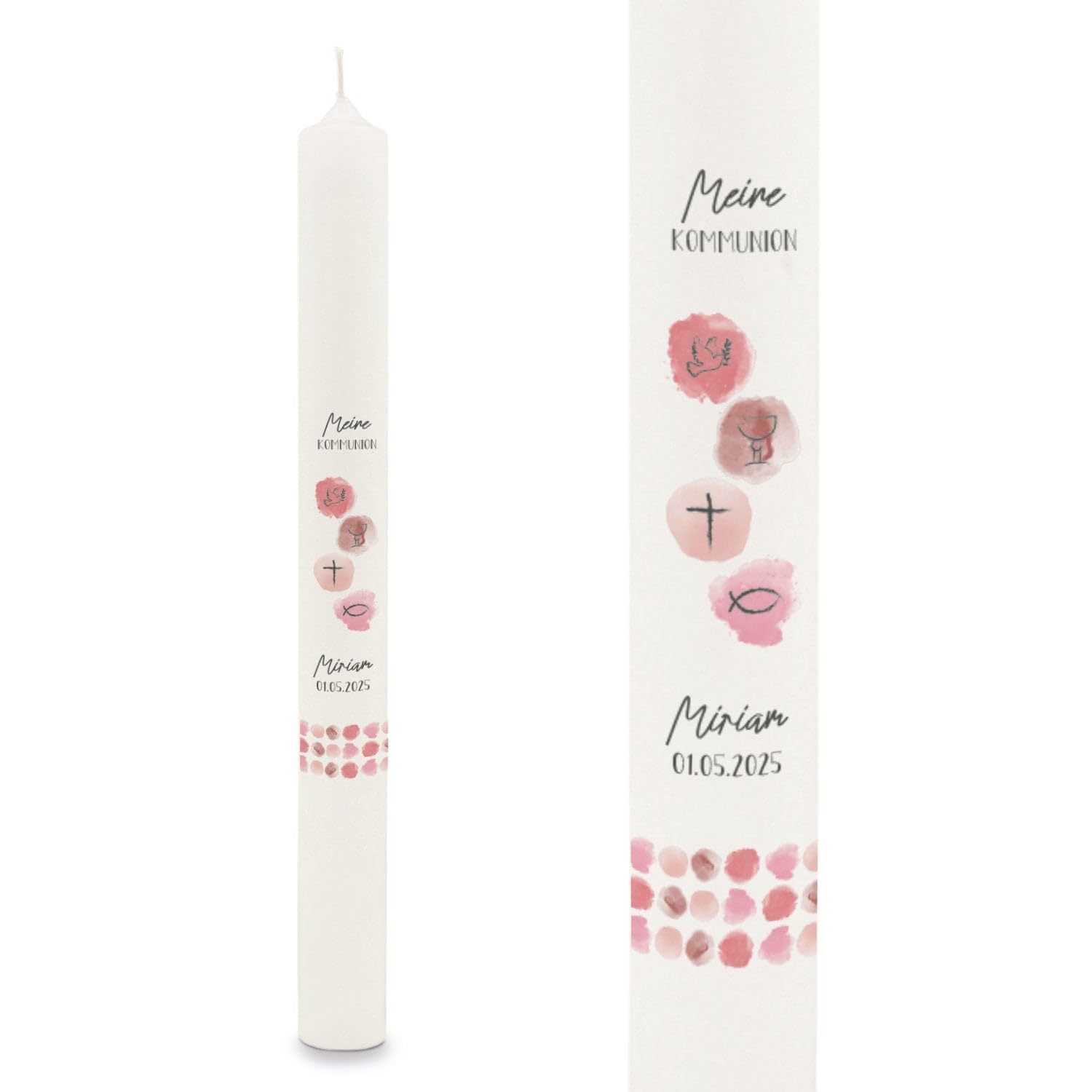 GRAVURZEILE Bedruckte Stabkerze - Watercolor - Personalisiert mit Name & Datum - Geschenk zur Taufe, Kommunion oder Konfirmation - Für Jungen & Mädchen - Altarkerze 400/40 mm - Rosa