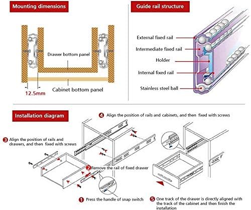 Drawer Slides, URBEST 8 Inch Full Extension 3 Section Ball Bearing Side Mounted Drawer Slider for Cabinet Kitchen, 2 Pairs (8 Inch)