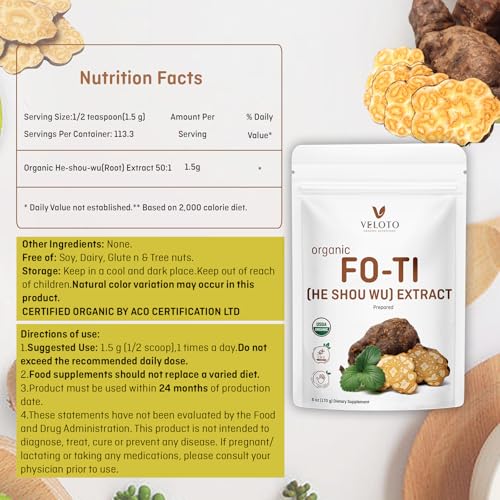 VELOTO Organic He Shou Wu, Pure Fo Ti Extract Powder, 50:1 Natural Anti Aging Herbal Supplement Antioxidant Superfood, Promotes Hair Health & Immune Support, Vegan, FIllers Free, No GMOs, 6oz - Thumbnail 7