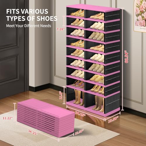 Image of CIMLORD 9-Tier Foldable Shoe Rack Organizer with Door, 36 Pairs, Black-Pink | Collapsible Large Shoe Rack for 36 Pairs, Fits Boots, Wide Stackable, Clear Door, Lidded Boxes, Easy Assembly, for Closet