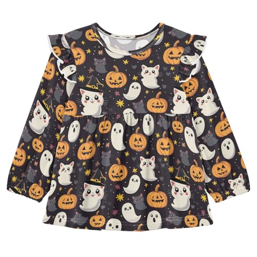 Halloween Pumpkin Specter Cat Girls Shirts Cotton Long Sleeve Ruffle Toddler Tee Tops