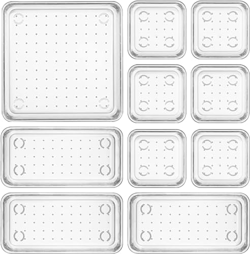 Image of Desk Drawer Organizers Trays Set Clear Plastic Storage Bins Bathroom Drawer Tray Dividers Vanity Trays Organizer For Bedroom Dresser Makeup Kitchen Utensil Office (Set Of 10), Transparent