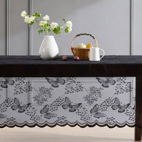 HLC.ME Butterfly Floral Lace Tablecloth, Rectangle, 60x104 Inch, Black
