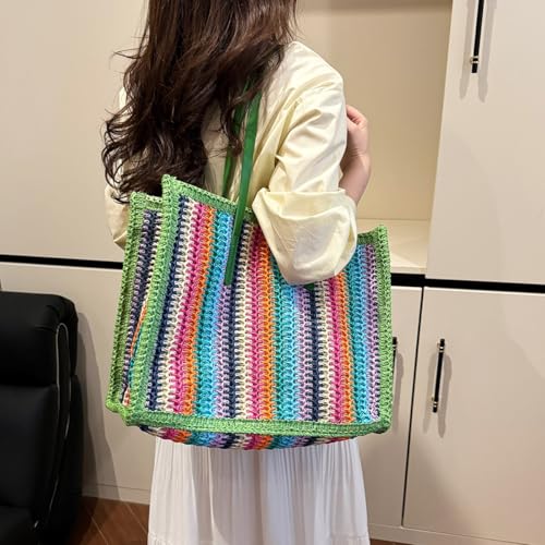 Women Striped Woven Tote Rainbow Straw Shoulder Bag Large Capacity Straw Woven Outdoor Travel Bag4