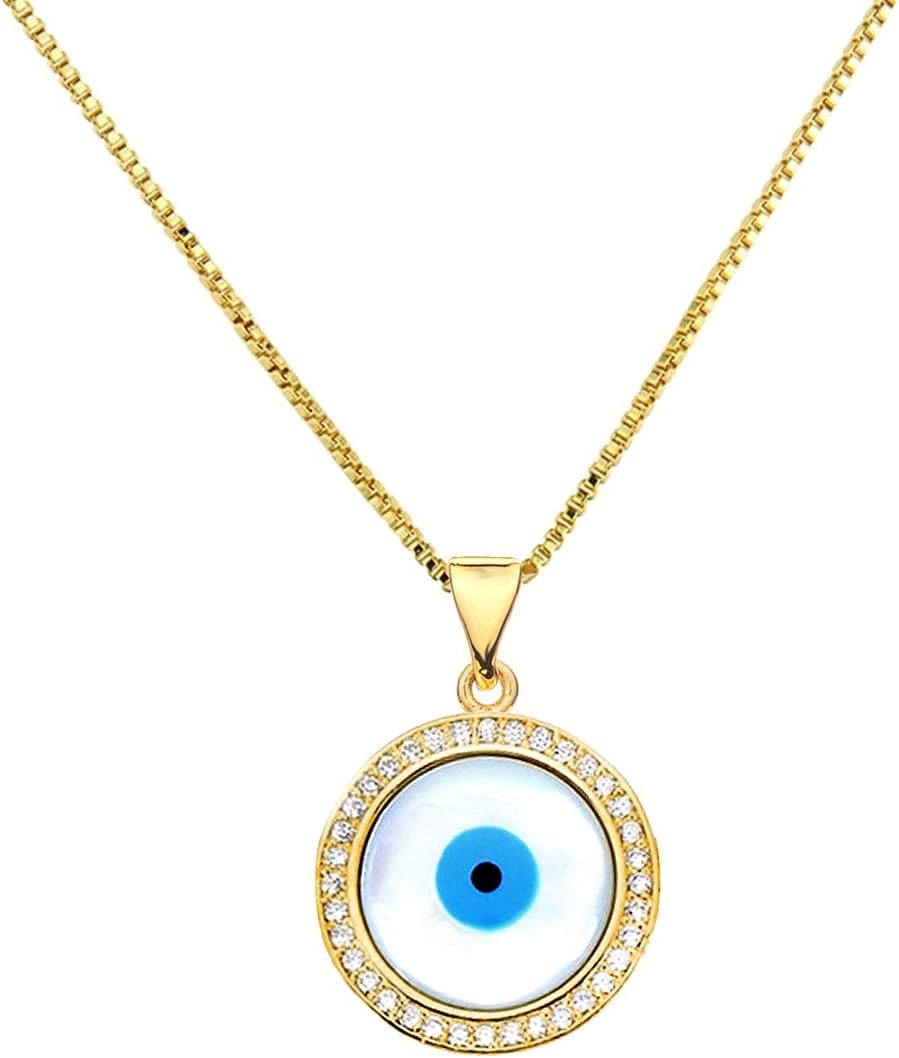 Evil Eye Mother of Pearl Zirconia Pendant Charm Necklace Chain