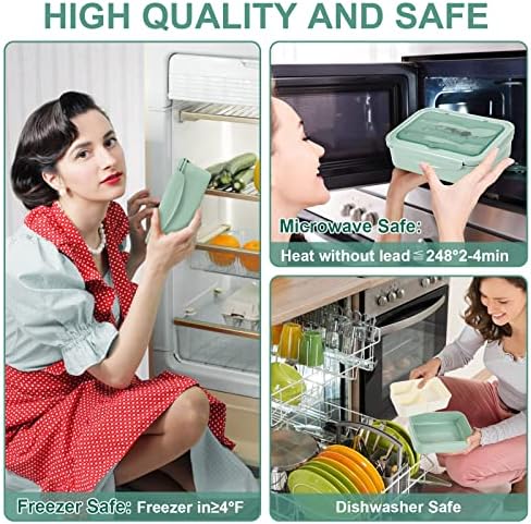WEAFRICTCH Lunch Box, Bento Lunch Box for Adults & Kids, 1400ml Leakproof Lunchbox with 3 Compartments and Cutlery, Reusable Sandwich Box Food Container, Microwave and Dishwasher Safe (Green)