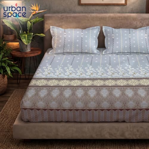 Image of Urban Space Serene 100% Cotton Bedsheet for Double Bed, Floral Queen Size Bed Sheet with 2 Pillow Covers (88 x 100 Inches, Origami Brown)