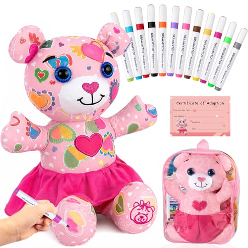 DIY Coloring Plush Toy with Washable Markers, Scribble Pets Stuffed Animal, Doodle Dolls Art Toy for Boys and Girls Ages 3-8, Birthday Gift (Pink Bear)