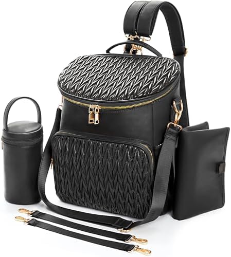 Minsong Diaper Bag Backpack for Women, Cute Stylish Mommy Diaper Backpack, Waterproof Travel PU Leather Baby Backpack Diaper Bag (Black)
