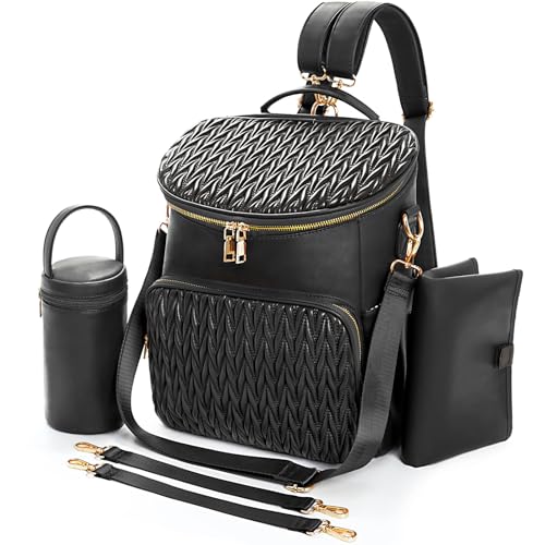 Minsong Diaper Bag Backpack, Fashion Leather Mommy Backpacks, Travel Baby Diaper Bags with in Bag Organizer and Changing Pad (Black-stripes)