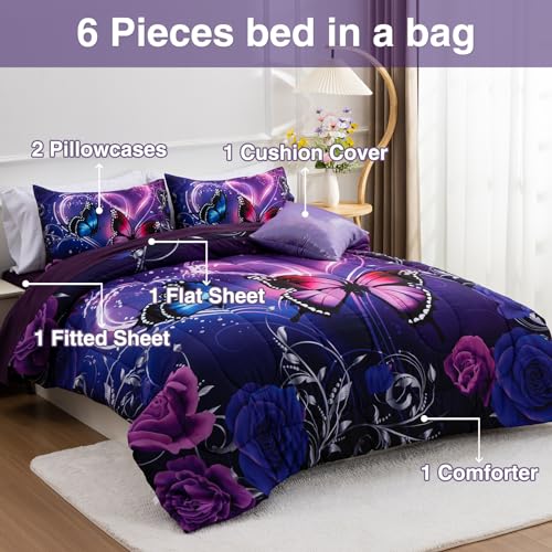 Image of A Nice Night Purple Galaxy Butterfly 6pc Bedding Girls Comforter Sets,Queen | 3D Butterflies Printed ,Bed In A Bag With Sheet Sets,Ultra Soft,Machine Washable,For Boys Girls Teen,All Seasons