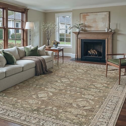 Vintage Area Rug 9x12 Beige Washable Living Room Large Carpet Non Slip Bedroom Indoor Office Low Pile Traditional Distressed Retro Accent Rug for Dining Room 9' x 12' (Rectangular) Accent Be
